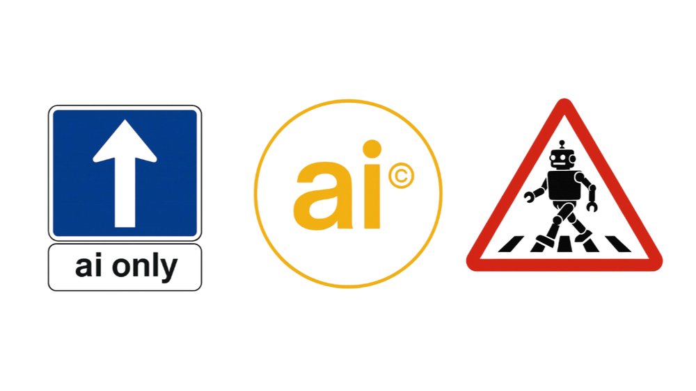 Illustration for the AI licensing roadmap article: three AI-themed road signs